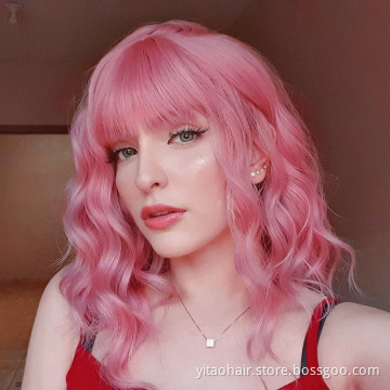 Pink wavy  Wig with Bangs Short Synthetic Hair Wigs for  Women Neon Pink Shoulder Length Wig for Daily Cosply Party Use